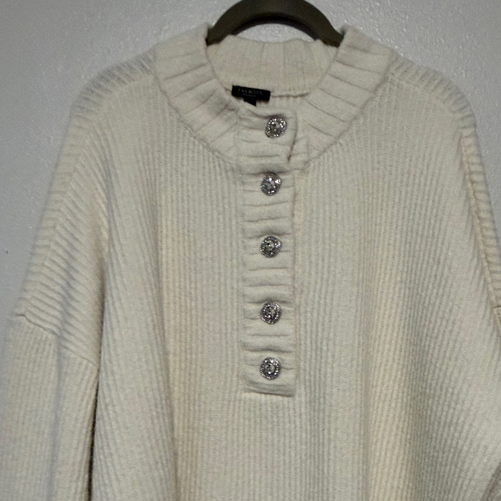 Talbots Cream Ribbed Henley Sweater Top with Beautiful Rhinestone Buttons - Picture 3 of 10